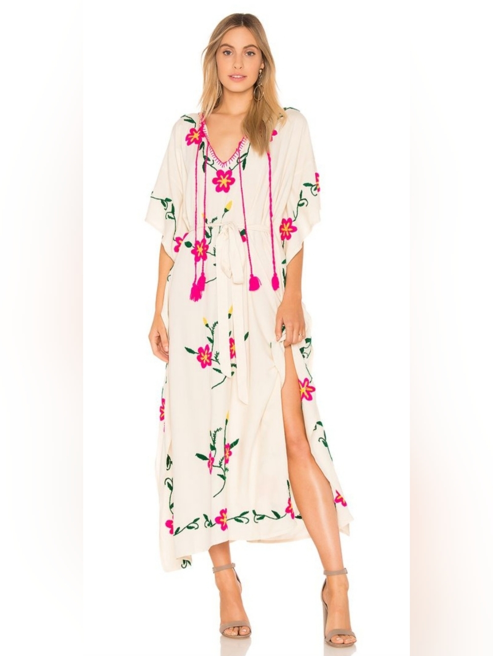 Spell Sayulita Embroidered Kaftan Hand Embroidered Tie Waist Tassel Detail S/M